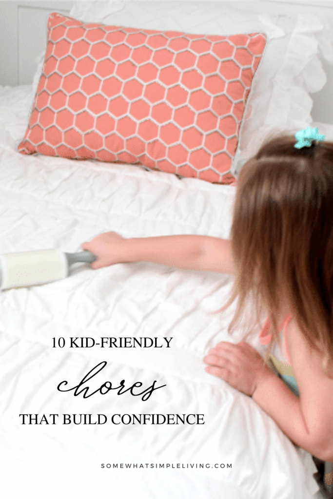Long image of a little girl making her bed