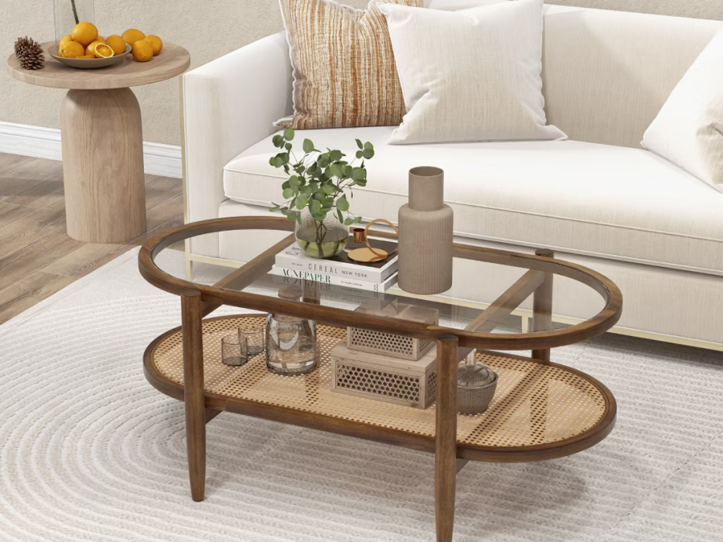 overhead shot of a coffee table showing flowers and a stack of books