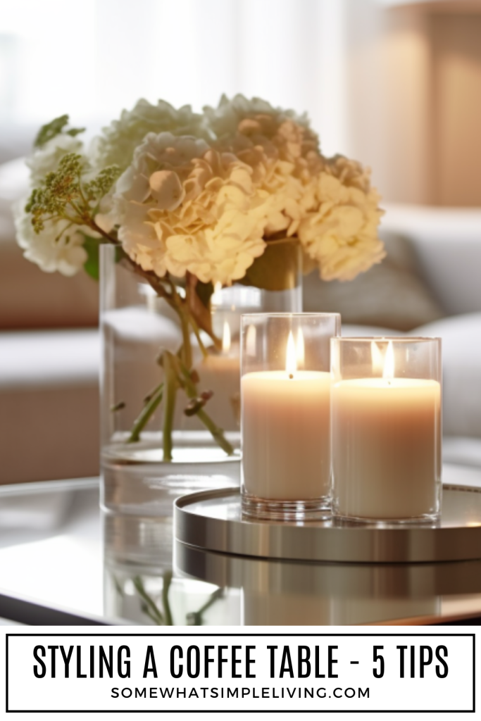 long image of a coffee table with a close up of lit candles