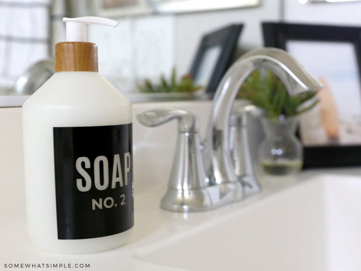 close up of a hand soap container in a kid's bathroom