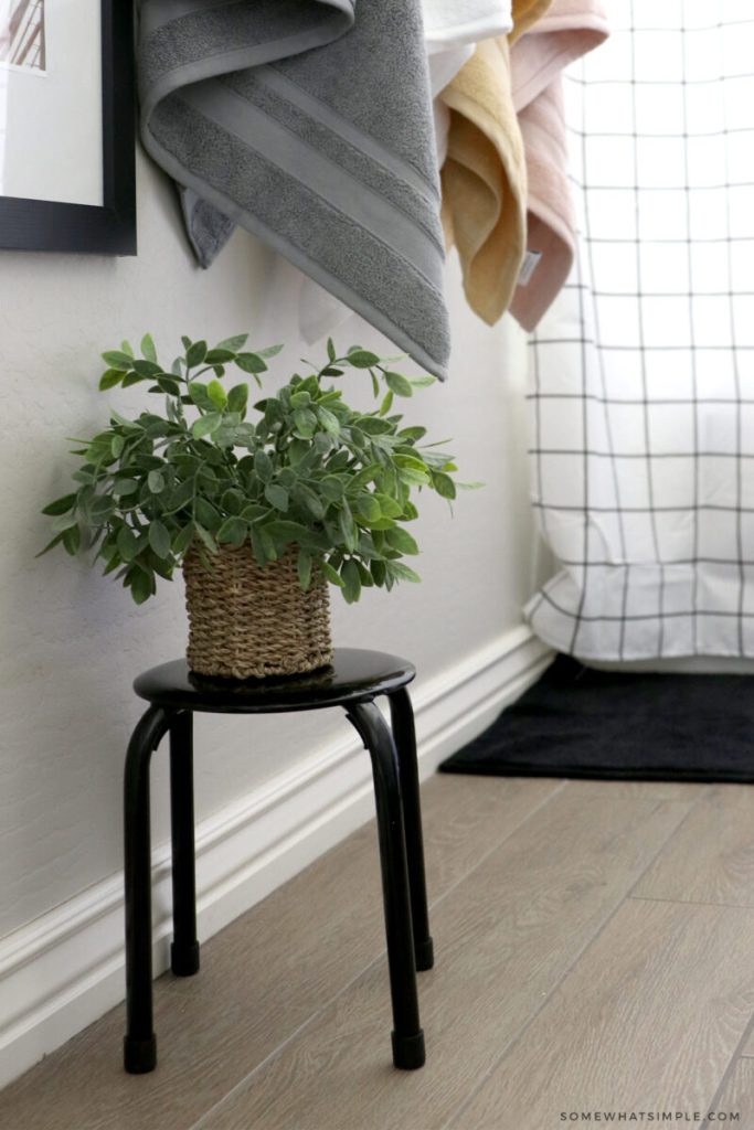 close up of a plant on a black stool in a kid's bathroom