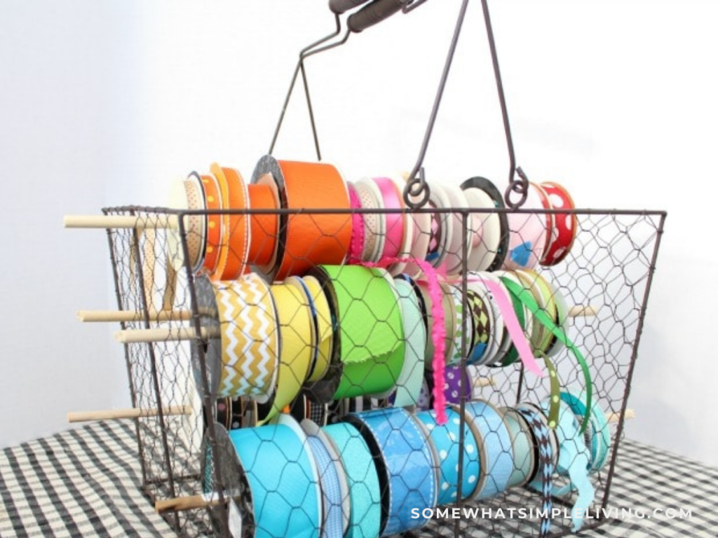 chicken wire basket with spools of ribbon