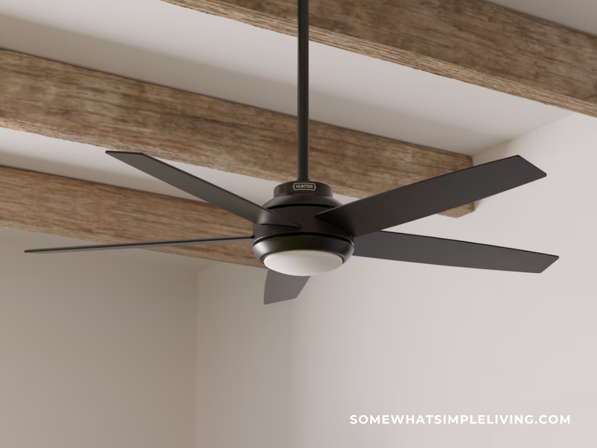 ceilign fan on ceiling with wood beams