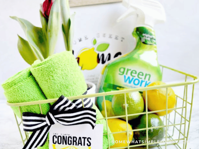 Gift basket filled with green and yellow cleaning supplies