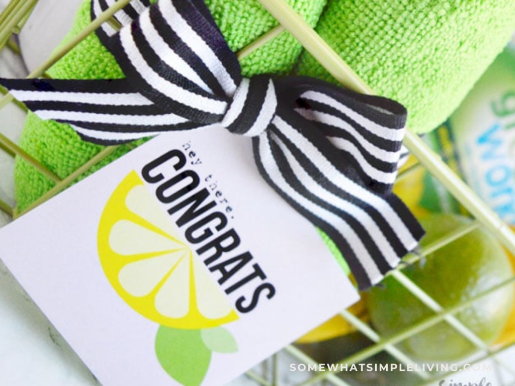 close up of a card on a basket that says "congrats"