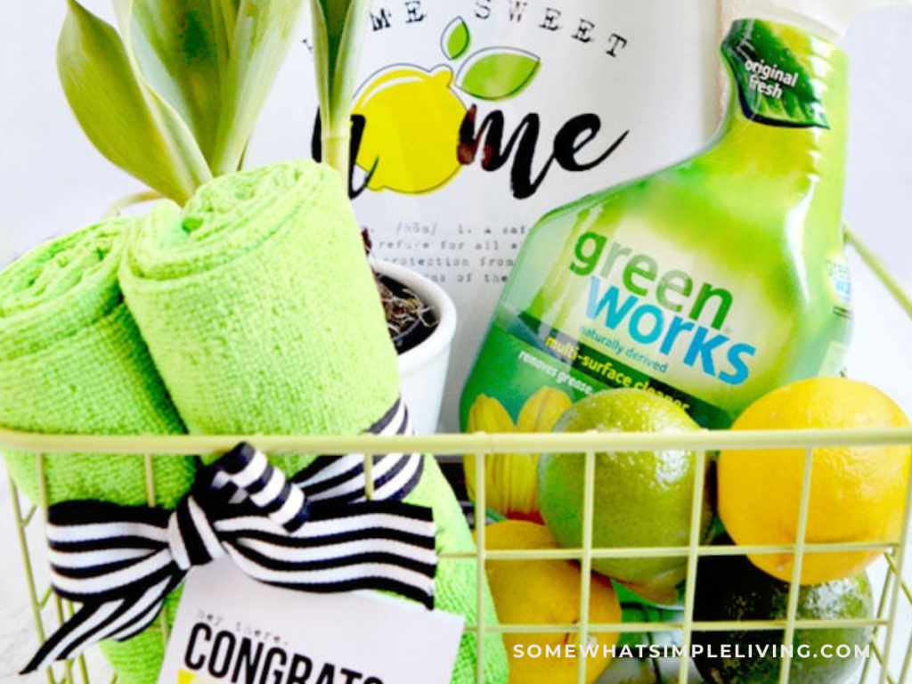 close up of cleaning supplies in a gift basket