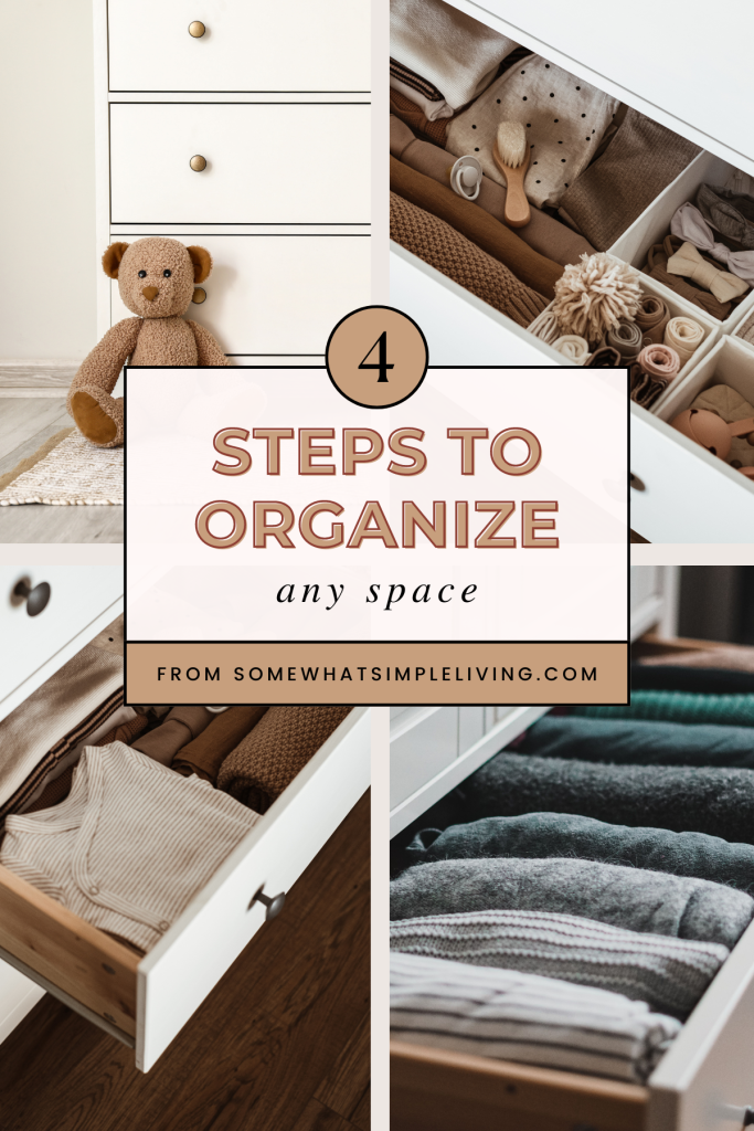 Collage of images showing steps to organize any space