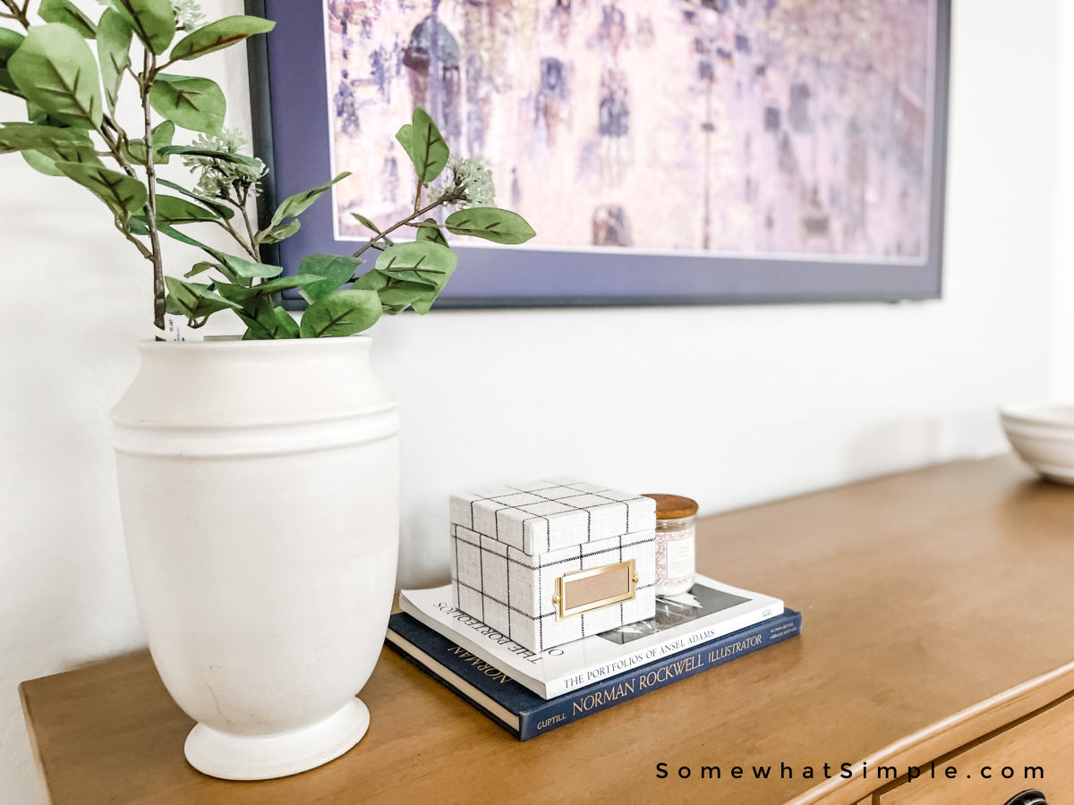 close up of primary bedroom dresser decor