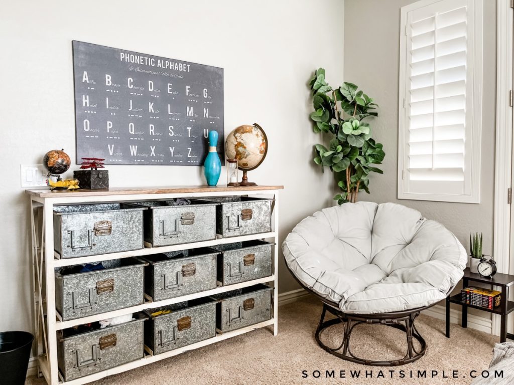 papasan chair in the corner of a boys industrial room