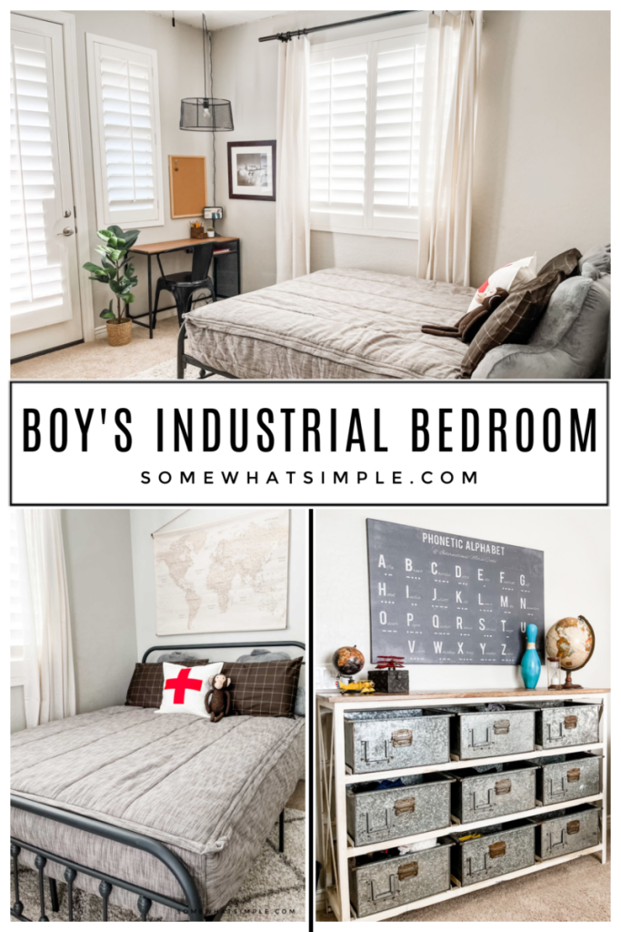 collage of images for a boys industrial bedroom