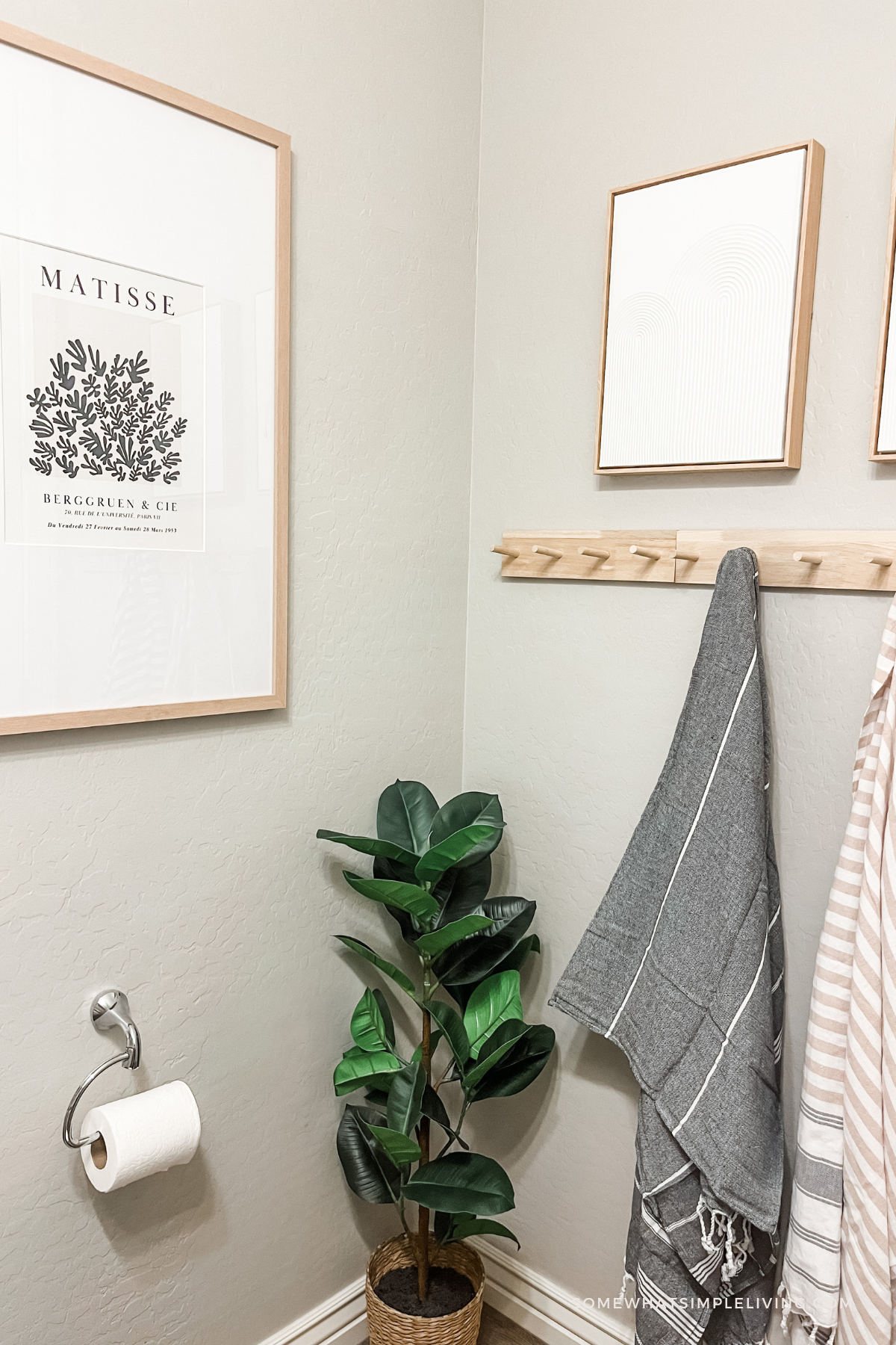 shot of a corner of a small bathroom with hanging towels and a plant