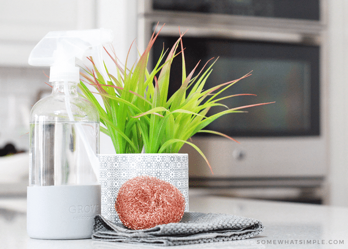 cleaning supplies in front of an oven