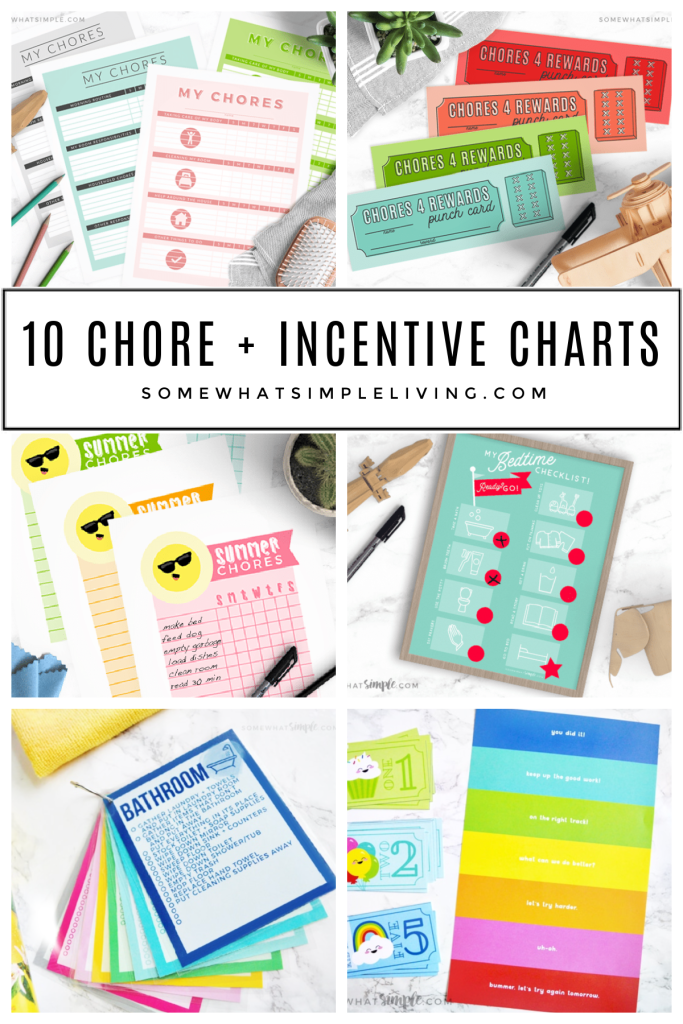 a collage of 6 different printable chore charts for kids