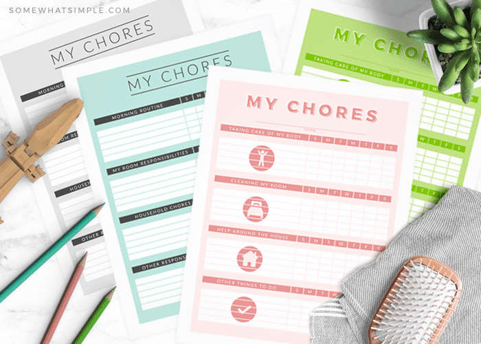 colorful chore charts for kids on a counter