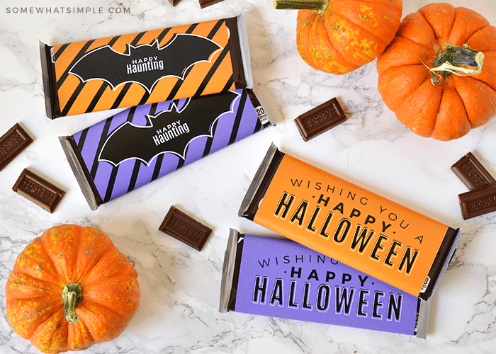 candy bars wrapped in orange and purple halloween wrappers