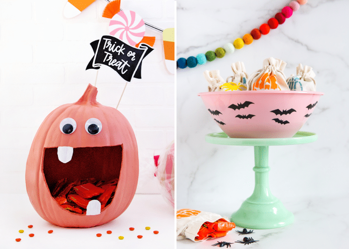 two candy dishes, side by side. one pumpkin with mouth carved and candy inside, and another bowl on a cake stand with bags of candy inside