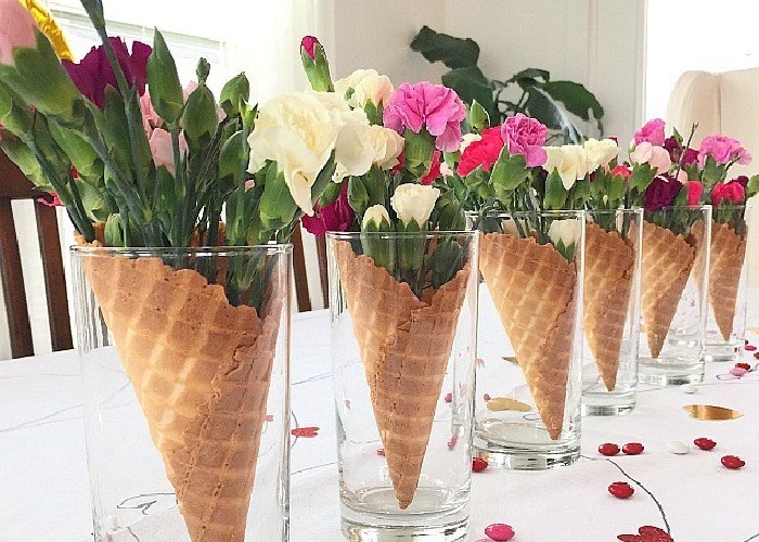 valentine table decor - flowers in waffle ice cream cones