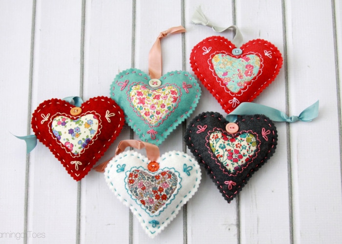 felt and fabric hearts laying on a counter