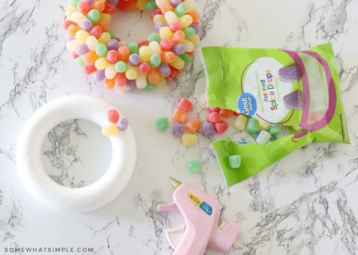 making a wreath with styrofoam and gumdrops