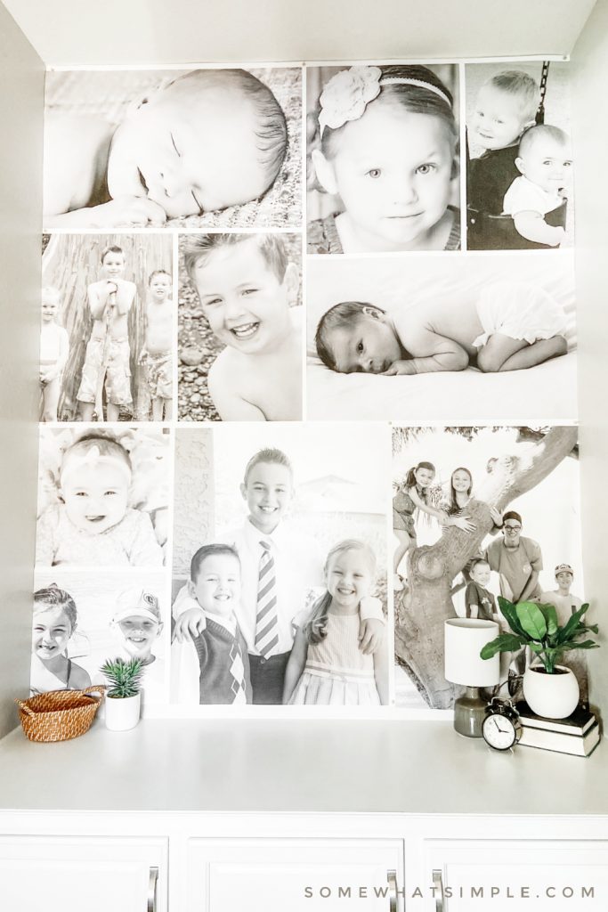 Long image of black and white photos hung on a wall in a mud room