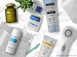 favorite face products laid out on a counter
