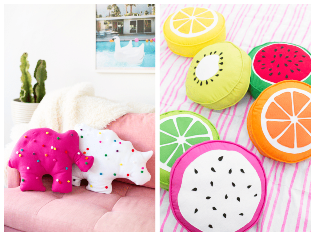bright pillows in the shapes of fruit and animal cookies