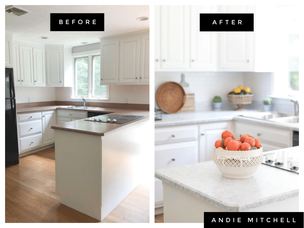 painted kitchen counters in a bright white kitchen