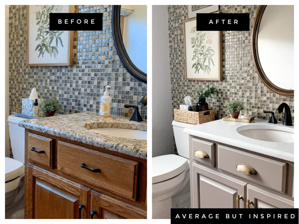 before and after picture of painted counters in a bathroom from dark stone to light marble