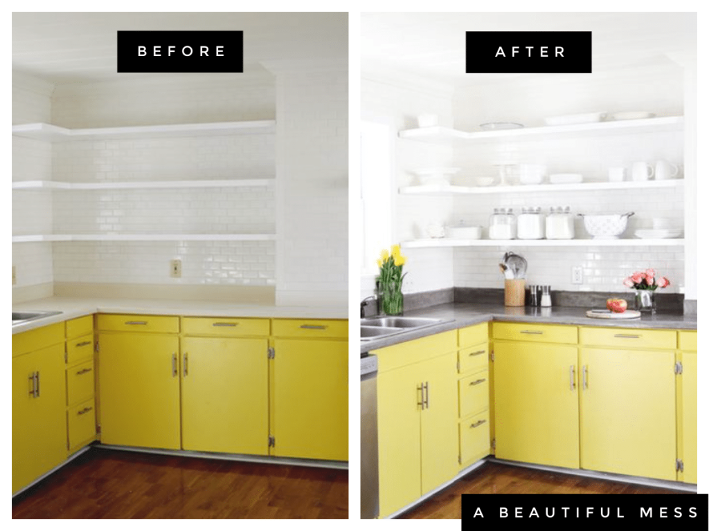 gray counters with yellow cupboards