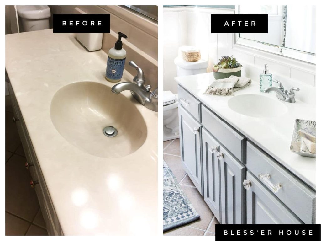before and after pictures of counters in a bathroom 