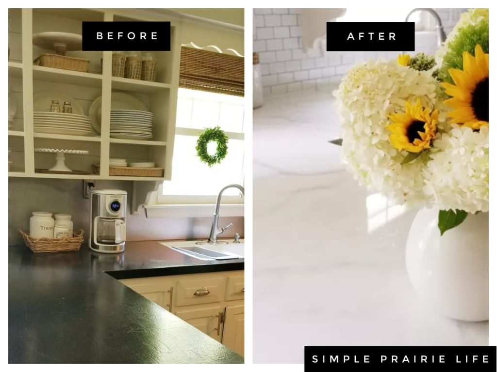 before and after pictures of a painted counter with a bouquet of flowers 