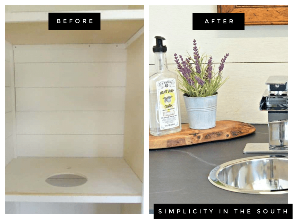 before and after of painted kitchen counters to look like soapstone