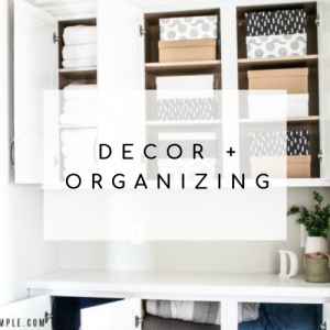 an organized linen closet with the label Decor and Organizing over the top