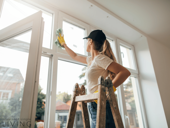 woman washing windows inside her house on a ladder