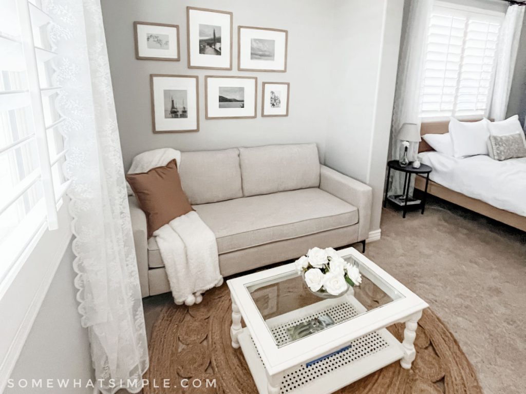 a couch with a white coffee table