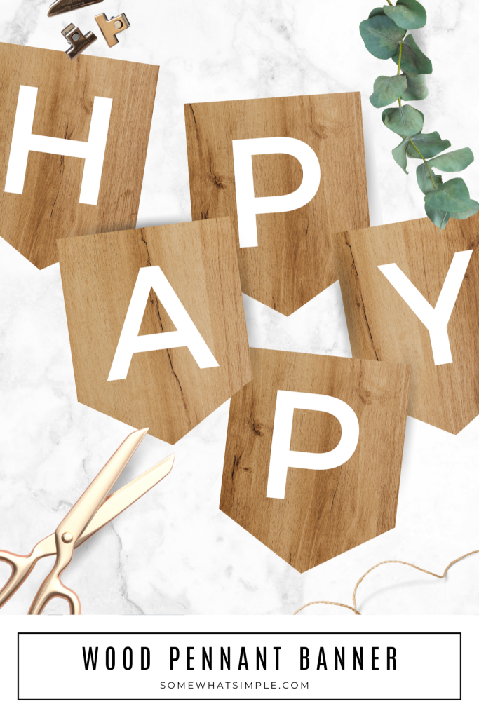 long image of a printable wood banner with white letters spelling HAPPY on them