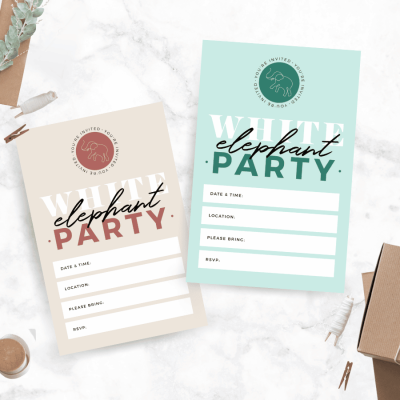 white elephant party invitations on a white background