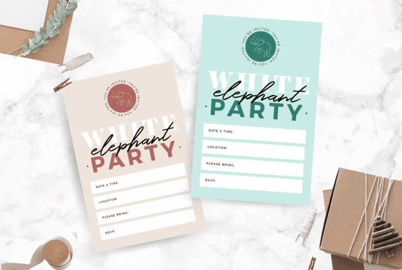 white elephant party invitations on a white background