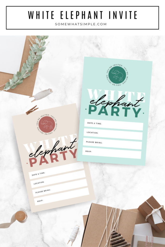 long image of a white elephant party invitations