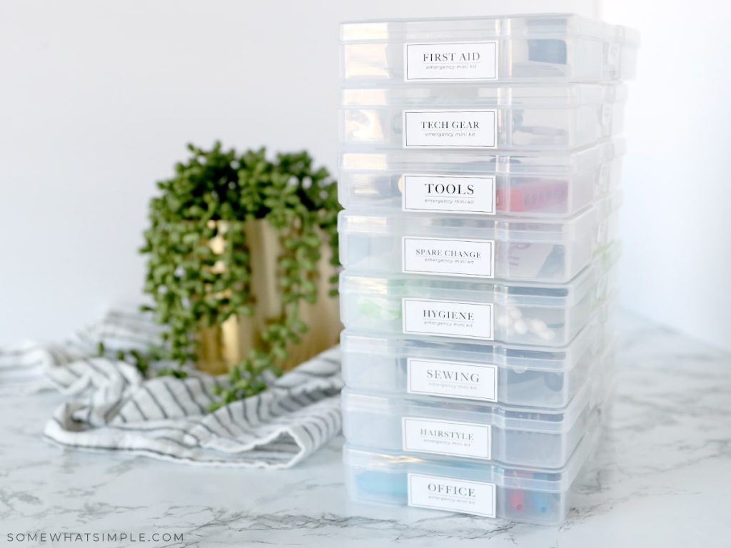 stack of plastic containers to use as a car emergency kit