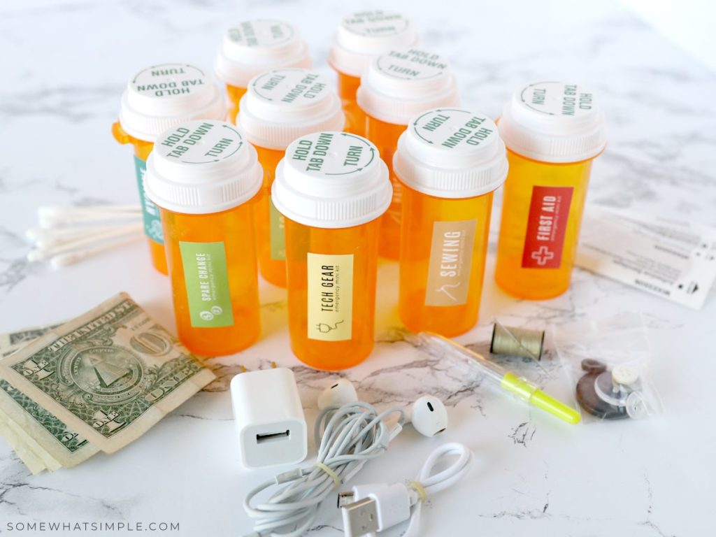 recycled pill bottles used to make a car emergency kit