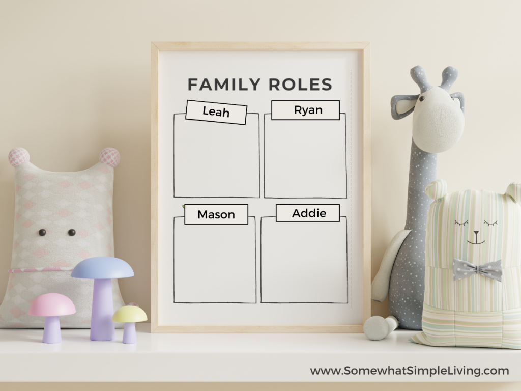 framed family role image next to kids toys