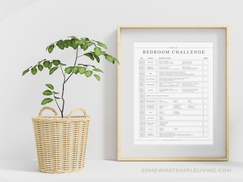 a framed bedroom challenge checklist next to a small plant