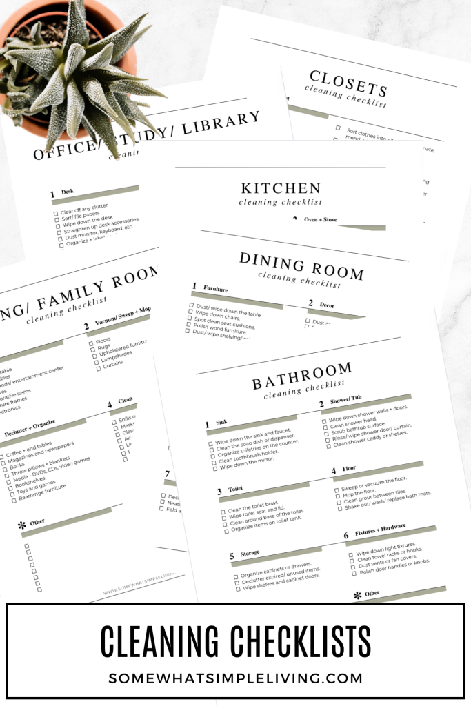 long image of printable cleaning checklists on a white counter