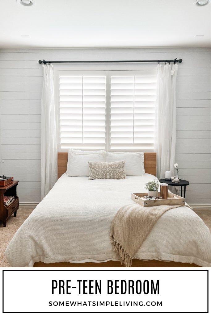 long image of a bed with white bedding under a window with word "preteen bedroom" on it