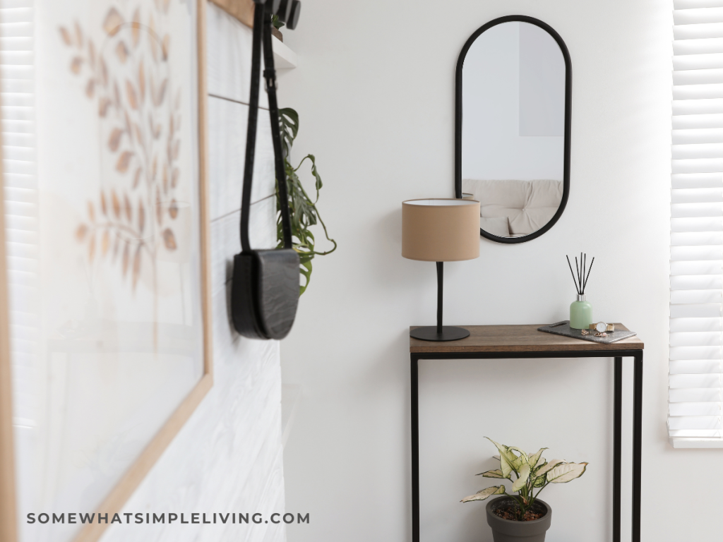 far off shot of a console table in an entry way