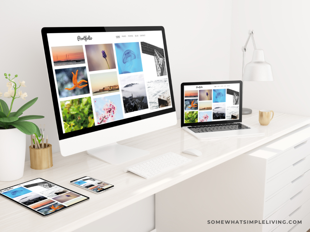 desk with computer and technology items set up