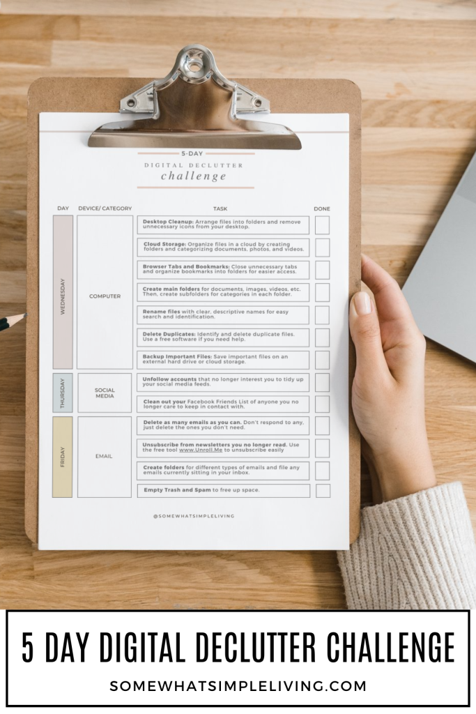 long image of a woman holding a clipboard with a digital declutter challenge checklist