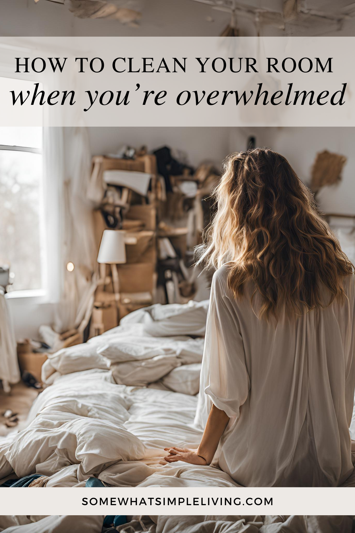 long image of a woman staring at a messy room