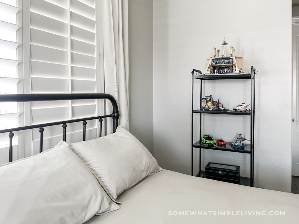 teen boy's bedroom shelf with legos on it